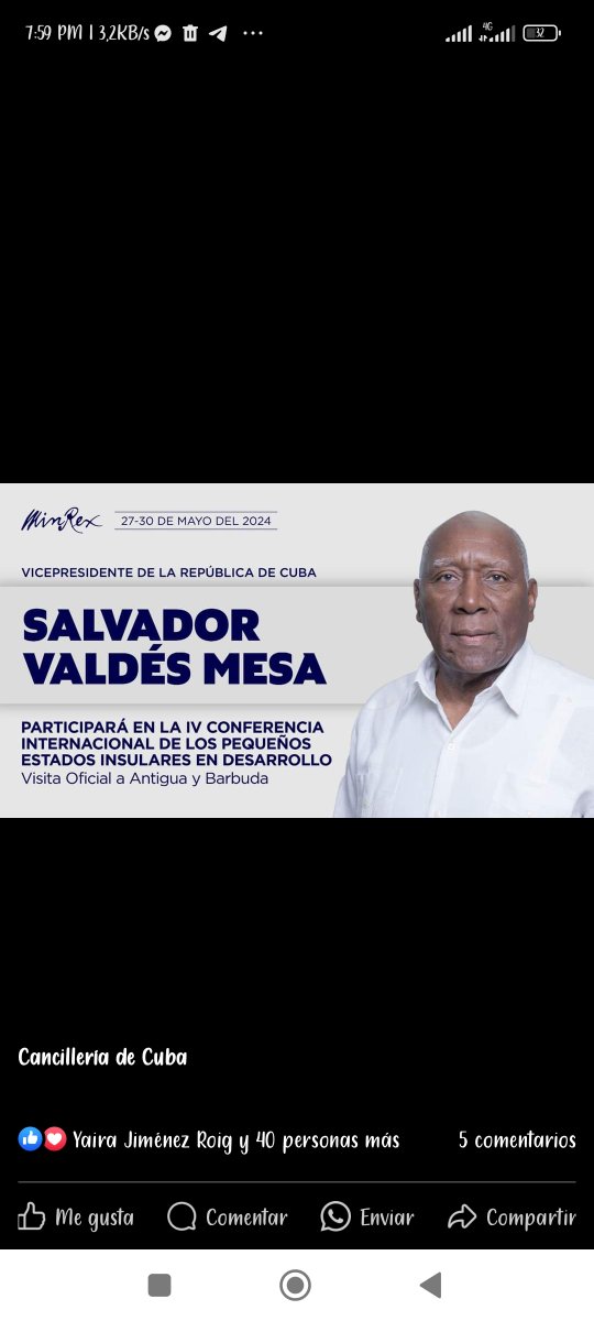 🇨🇺🇦🇬 | Arribó vicepresidente, Salvador Valdés Mesa a Antigua y Barbudas, para participar en la IV Conferencia Internacional de los Pequeños Estados Insulares en Desarrollo y cumplimentarán una visita oficial al país. 🔗cubaminrex.cu/es/arriba-vice…