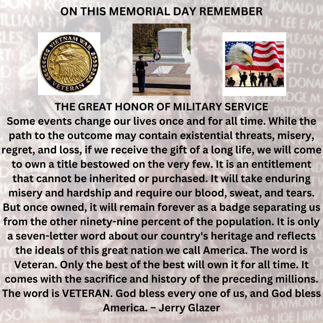 ON THIS MEMORIAL DAY REMEMBER
The great honor of military service.
Insights into Vietnam Uncensored
vietnamjerry.com
@Mayhawwoman
@stottrd1
@realjamespat
@FredMcMurray
@FrankieTeas
@MamaDaBear