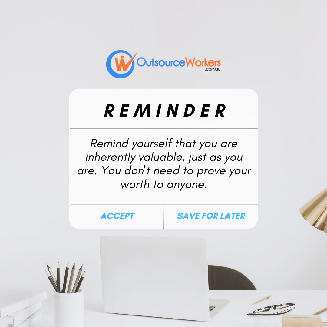 Today's reminder:  In a world where everything is fleeting, prioritize yourself. You are your most valuable asset.

#OutsourceWorkers #Outsourcing #VirtualAssistant #PropertyManagement #OutsourcingServices #BusinessSolutions #AdminSupport #VirtualOffice