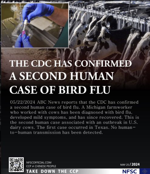 ✨🔥The CDC has confirmed a second human case of bird flu

05/22/2024 ABC News reports that the #CDC has confirmed a second human case of #bird #flu. A #Michigan farmworker who worked with cows has been diagnosed with bird flu, developed mild symptoms, and has since recovered