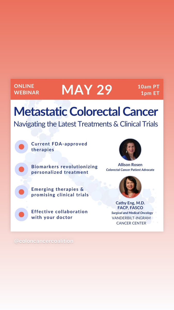 Join me for a webinar featuring a conversation between myself & @CathyEngMD a leading oncologist from @VUMC_Cancer. Gain valuable insights into the latest advancements in the treatment of colorectal cancer. #crcsm @Patient_Story Register here: tinyurl.com/2vtzkpkb