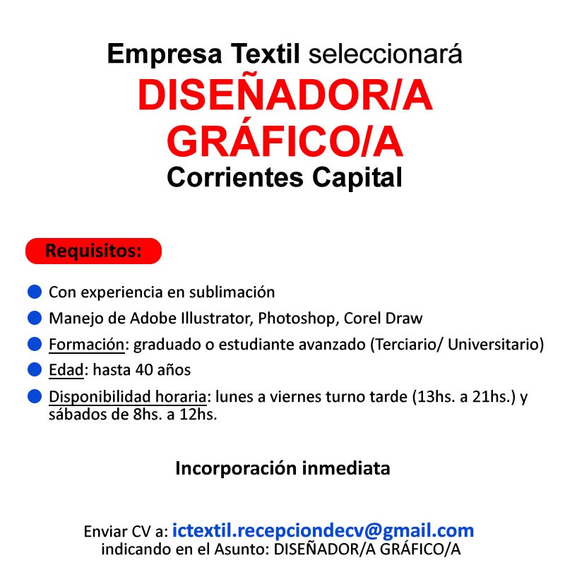 🔴🔵 #CORRIENTESCAPITAL - Empresa Textil selecciona #DISEÑADOR/A #GRÁFICO/A

👉 Enviar CV a: 📧 ictextil.recepciondecv@gmail.com indicando en el Asunto: ▪DISEÑADOR/A GRÁFICO/A▪

#TNEA #Corrientes #empleoar #trabajoar