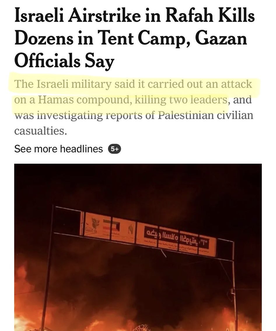 Israel firebombed a fucking refugee tent city, massacring dozens, in what they had previously declared a safe zone, and the @nytimes is justifying it as an attack on Hamas. No limits to their depravity. They have just as much blood on their hands as any politician.