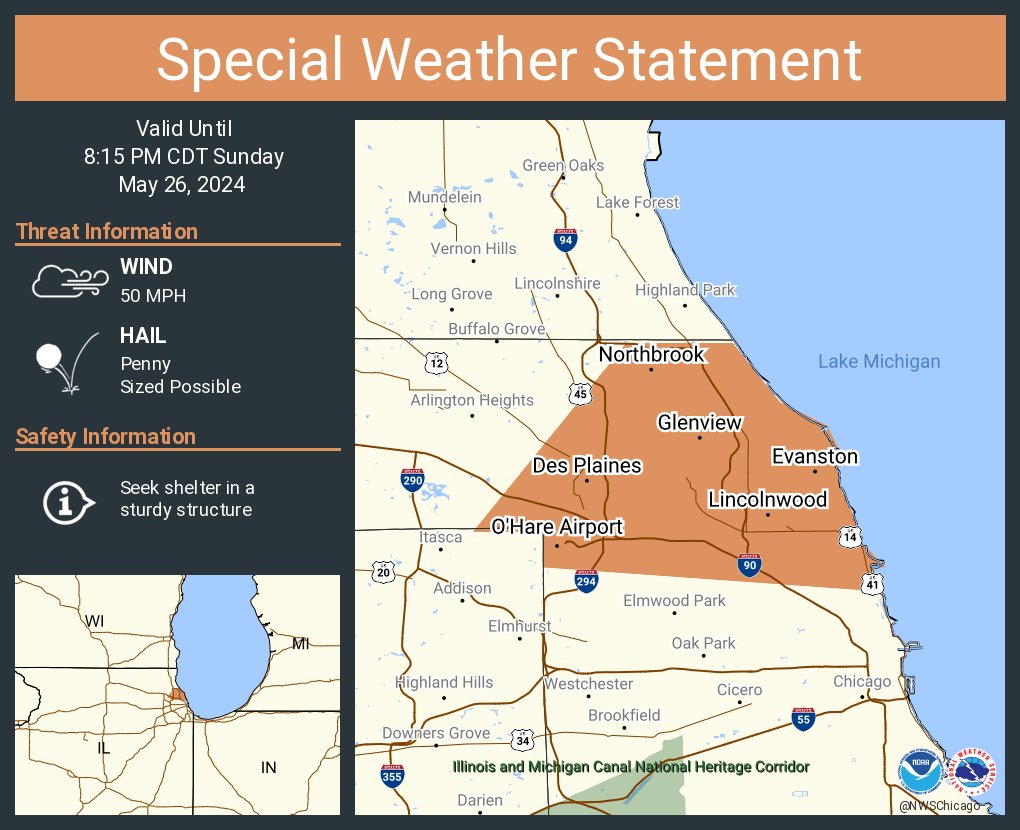 A special weather statement has been issued for Evanston IL, Skokie IL and Des Plaines IL until 8:15 PM CDT