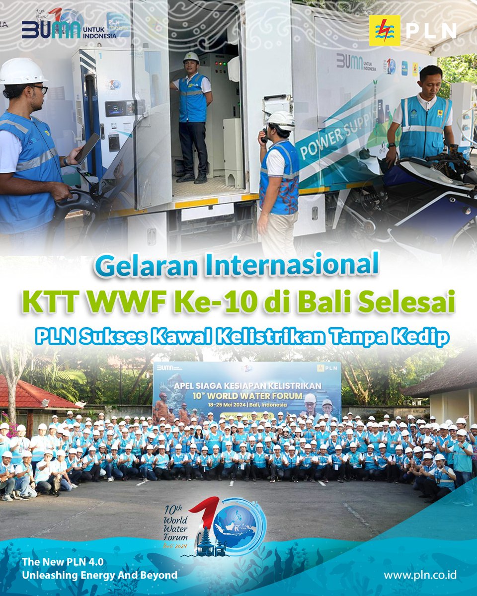 _pln_id's tweet photo. Electrizen, PLN telah sukses menghadirkan listrik yang andal dan tanpa kedip sepanjang Konferensi Tingkat Tinggi World Water Forum (KTT WWF) ke-10 yang digelar sejak 18 hingga 25 Mei 2024 di Bali.

#PLNSukseskanWWFBali #KTTWWF2024 https://t.co/CyiKJnmjHT