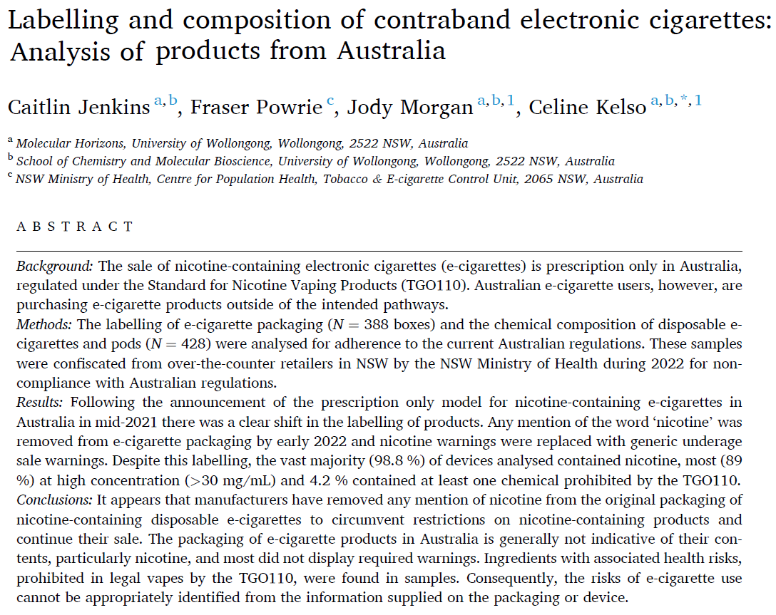 Analysis of 428 illicit Australian disposable #vapes: ➡️Mostly IGET, HQD, Gunpod, Mr Fog ➡️98.8% had nicotine ➡️High nicotine concentration 42.5mg/mL ➡️4.2% had low levels of unapproved chemicals ➡️Deficient labelling 'pose an increased risk to consumers' - but much safer than