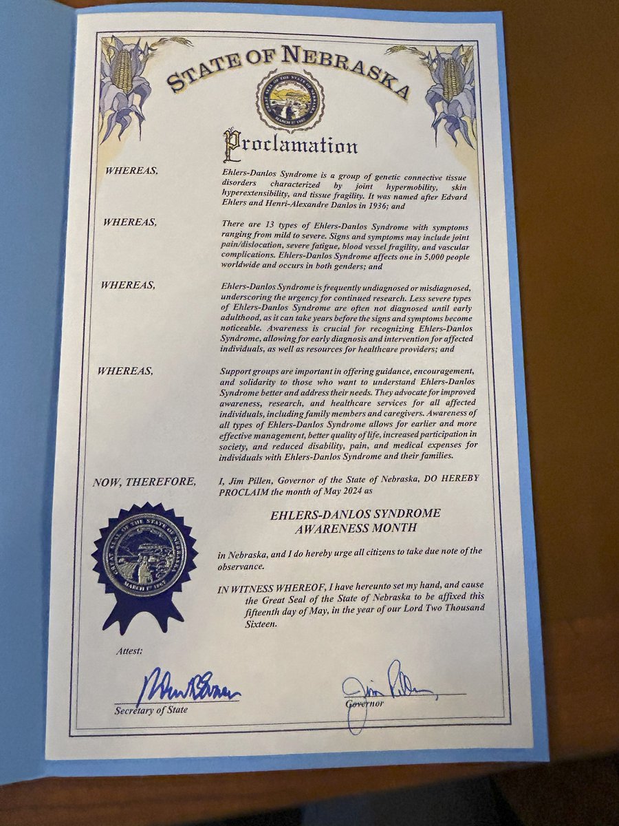 Congratulations to Leo G. and Quinn S. for working on a proclamation for Ehlers-Danlos Syndrome (EDS) Awareness Month that was signed by the Governor of Nebraska!!! That was a project they had worked on for the WHS Debate Team. #rollside #WeAreWestside