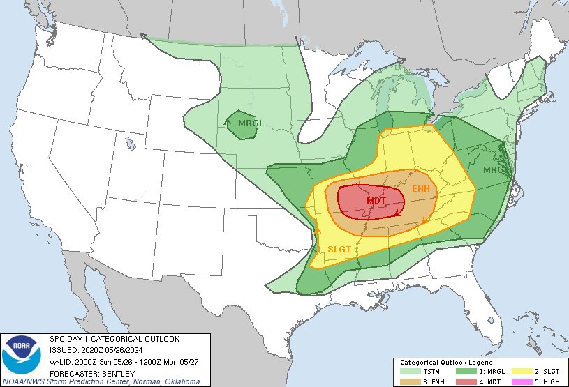 3:22pm CDT #SPC Day1 Outlook Moderate Risk: across south-central and southeast Missouri, far northeast Arkansas, southern Illinois, far southwest Indiana, western Kentucky, and northwest Tennessee. spc.noaa.gov/products/outlo…