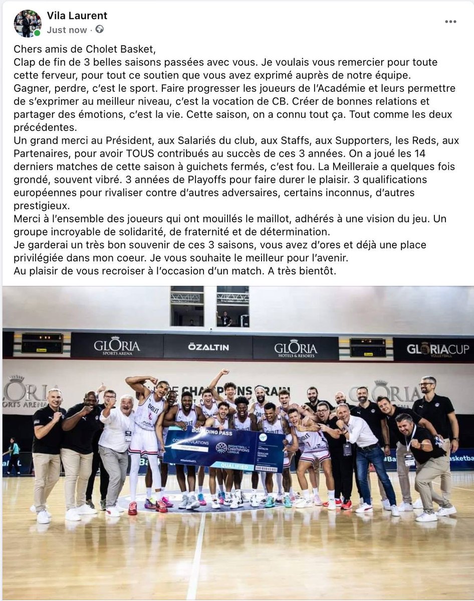 Message de ⁦<a href="/LaurentVila/">Laurent Vila</a>⁩ qui remercie ⁦<a href="/CB_officiel/">Cholet Basket</a>⁩ pour les 3 belles saisons. Bilan exceptionnel pour le coach catalan à l’heure de tourner la page.
#BetclicELITE