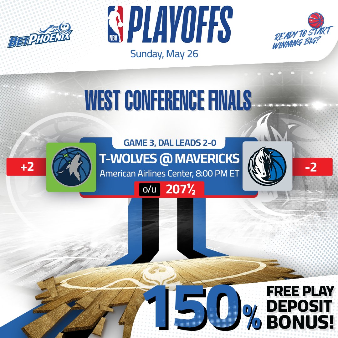 Great #NBA #ConferenceFinals Sunday!🔥 💵Join #BetPhoenix & Get $100 Check📌 🏀#Timberwolves @ #Mavericks 8PM ET #OneForDallas comes home after taking a 2-0 lead to the #WolvesBack. Will they seal the deal for the #NBAFinals? Get your #NBABets in!💰 #NBATwitter #NBATwitterLive