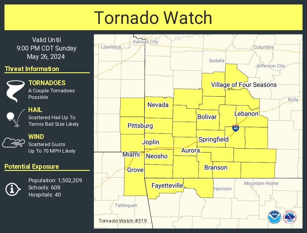 A tornado watch has been issued for parts of Arkansas, Kansas, Missouri and Oklahoma until 9 PM CDT