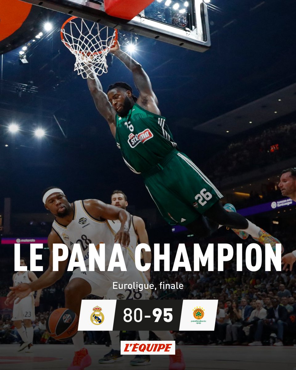 Quatorze ans après son dernier titre, le Panathinaïkos a été sacré champion d'Europe, dimanche à Berlin. Le club grec a nettement remporté la finale de l'Euroligue face au Real Madrid (95-80) ow.ly/F2uc50RW32g #Euroleague