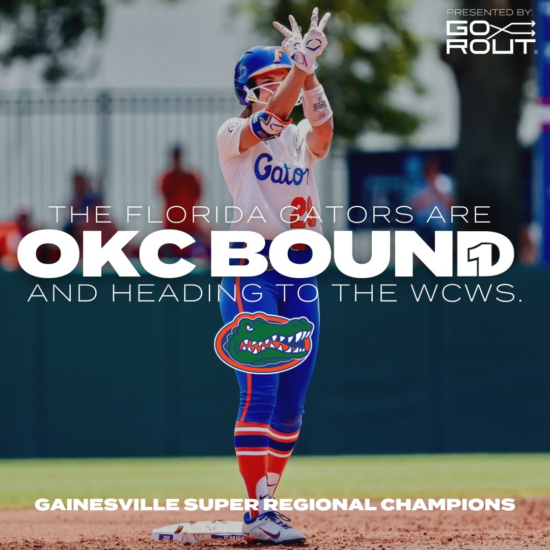 D1Softball's tweet photo. NEXT STOP ➡️ OKC

The Florida Gators are headed to the #WCWS

@GatorsSB x #RoadtoWCWS

Presented by @Go_Rout https://t.co/2QThfcCvog
