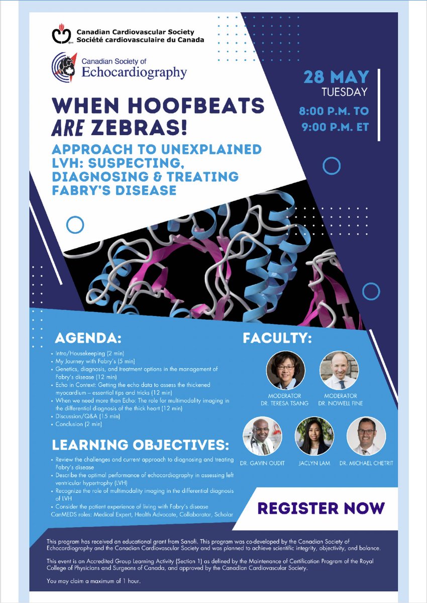 Sharon Mulvagh MD FRCPC FASE FACC (@heartdocsharon) on Twitter photo When hoofbeats ARE π¦π¦!!
Don't miss <a href="/CSEchoCa/">Canadian Society of Echocardiography</a>-sponsored webinar Tues, May 28, 2024 @8pmEDT on #Fabry Disease by π¨π¦experts:
Drs Teresa Tsang, Nowell Fine, Gavin Oudit, <a href="/ChetritMichael/">Michael Chetrit</a>, & sonographer Jaclyn Lam
<a href="/SCC_CCS/">CCS</a> <a href="/SCC_CCS_Trainee/">CCS Trainee Committee</a> <a href="/CanHFSociety/">CHFS</a>
register.gotowebinar.com/register/64241β¦ When hoofbeats ARE π¦π¦!!
Don't miss <a href="/CSEchoCa/">Canadian Society of Echocardiography</a>-sponsored webinar Tues, May 28, 2024 @8pmEDT on #Fabry Disease by π¨π¦experts:
Drs Teresa Tsang, Nowell Fine, Gavin Oudit, <a href="/ChetritMichael/">Michael Chetrit</a>, & sonographer Jaclyn Lam
<a href="/SCC_CCS/">CCS</a> <a href="/SCC_CCS_Trainee/">CCS Trainee Committee</a> <a href="/CanHFSociety/">CHFS</a>
register.gotowebinar.com/register/64241β¦