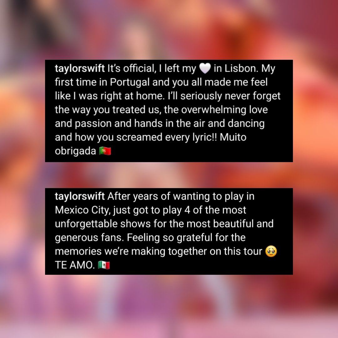 Portugal e México são os únicos textos de agradecimento em que a Taylor incluiu uma expressão na língua do país! 🥹❤️ #LisbonTStheErasTour