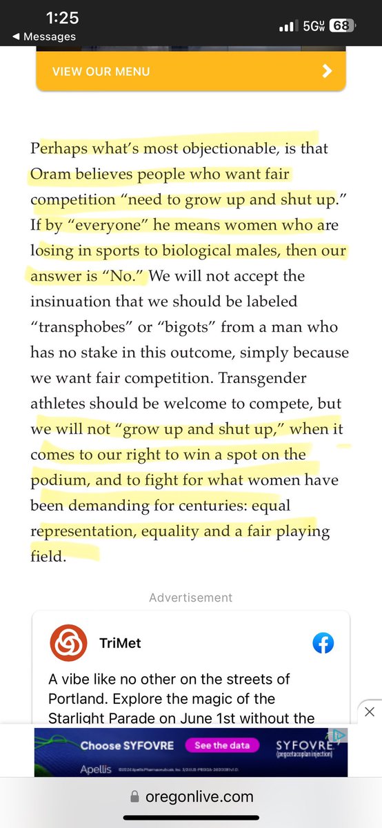Two courageous young ladies in Oregon published an Op Ed in <a href="/theoregonian/">The Oregonian</a>, in response to <a href="/billoram/">Bill Oram</a>’s column this week, where he told those concerned about boys winning girl sports to ‘grow up and shut up’. 

Guess what Bill? (And everyone else) We are NOT shutting up and we are