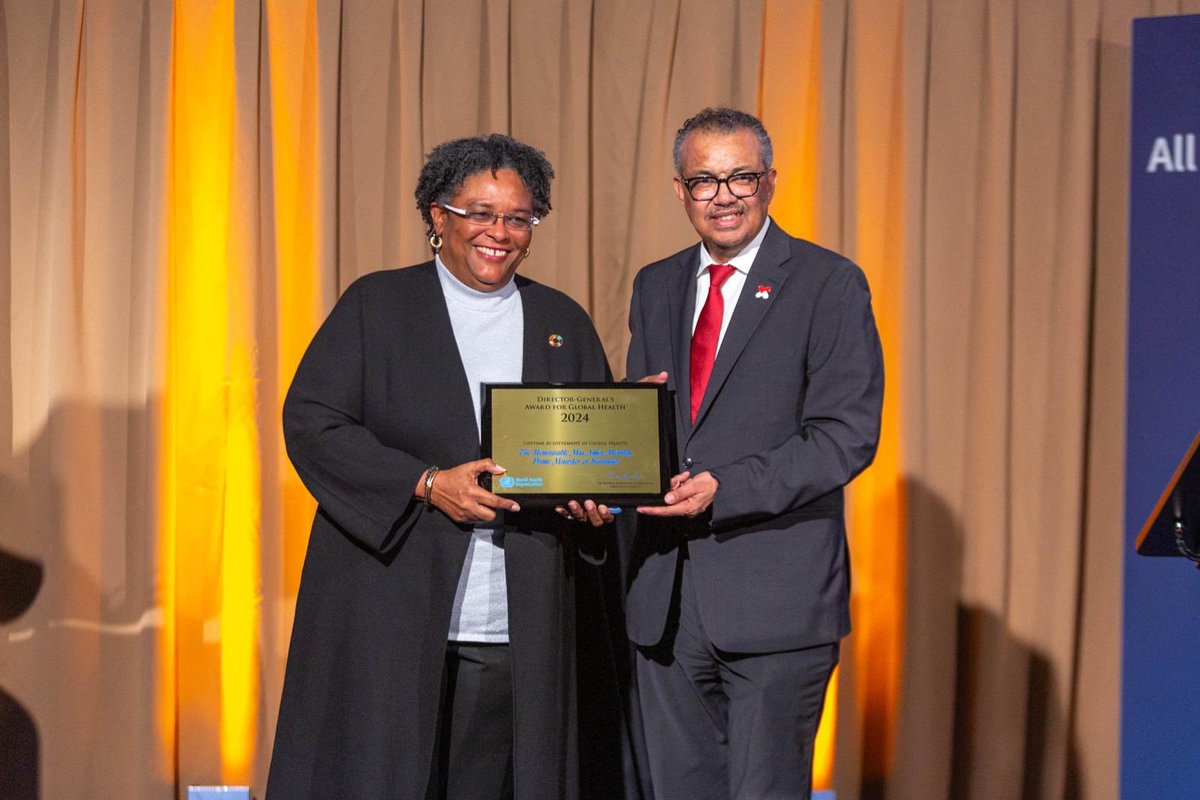DrTedros's tweet photo. Proud and honoured to present my sister Prime Minister @miaamormottley with one of my annual awards for global health. 

The Prime Minister has been a powerful voice for:
- Health equity;
- Debt sustainability;
- Development finance;
- Local production of medical products;
- Climate action, especially for Small Island Developing States;
- A holistic approach to non-communicable diseases and mental health, including through the Bridgetown Declaration.

Since 2020, she has been the Chair and a driving force of the Global Leaders Group on Antimicrobial Resistance.

She demonstrates exemplary leadership in fighting for a healthier, safer, and fairer world for all.

#WHA77