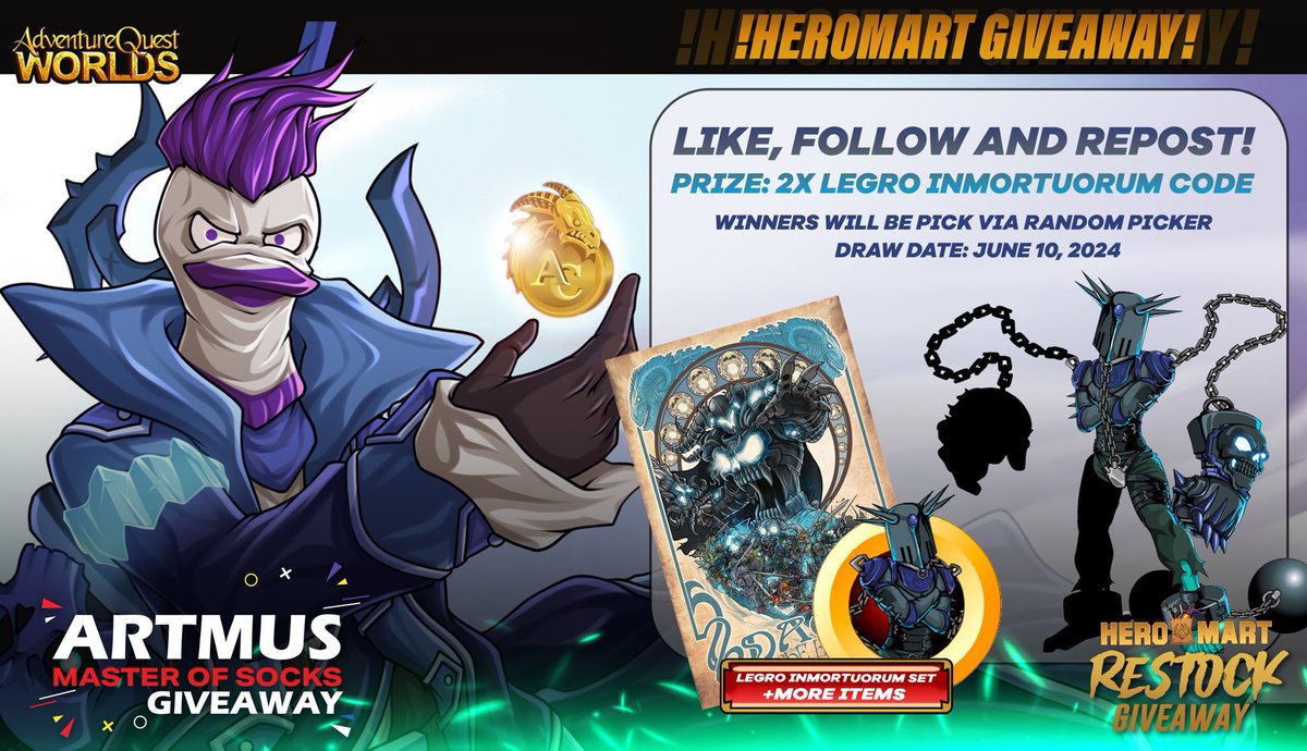 ✨GIVEAWAY ✨

Prize 🏆 : Legro Inmortuorum Code
2x winners 

How to join ?

-Like &amp; retweet 
-Random pick via twitter picker 
-Ends 10 June 2024 
#AQW #GIVEAWAYS