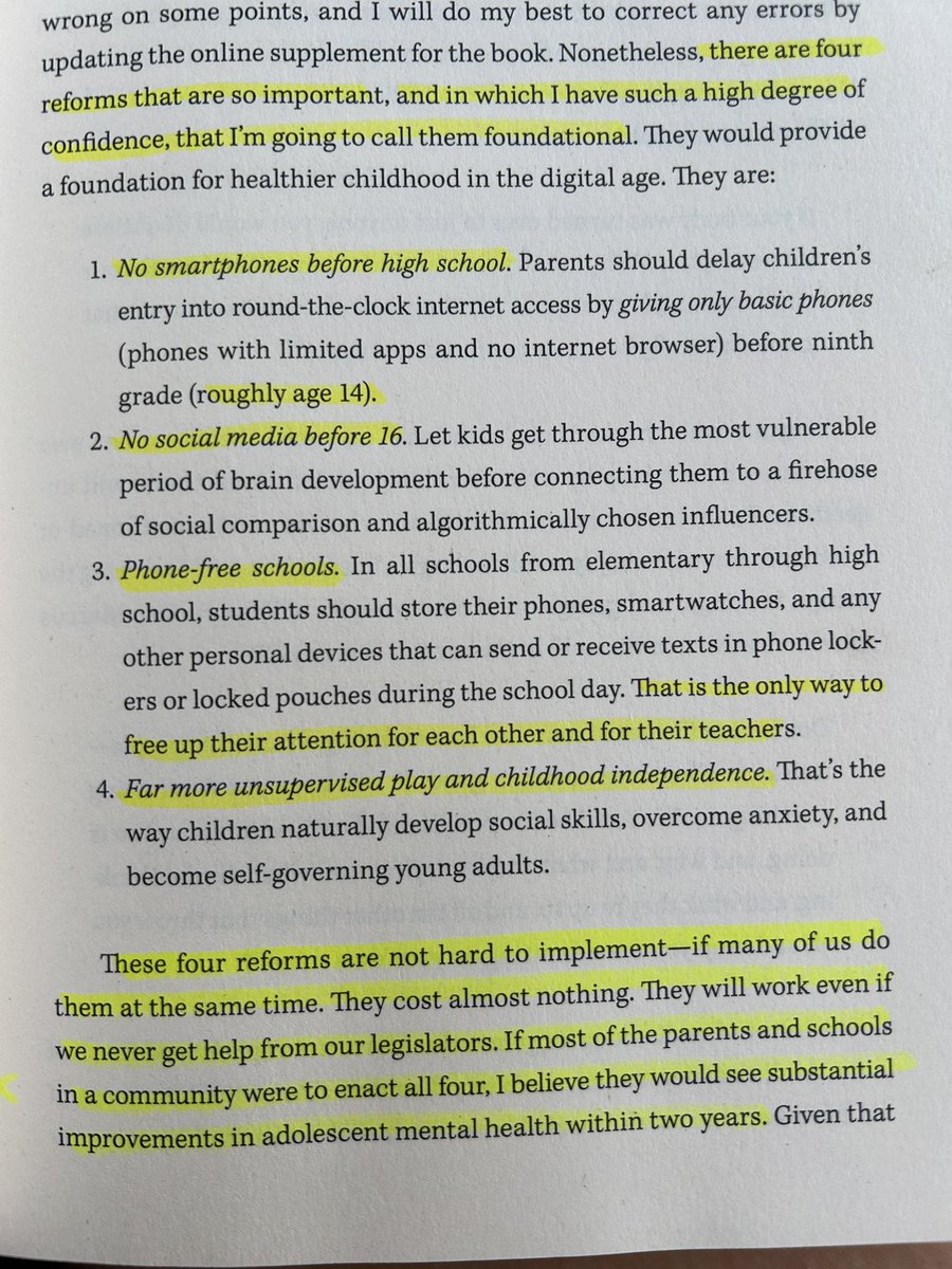 There are 4 foundational reforms that are so important: 1)No smart phones before high school. 2)No social media before 16. 3)PHONE-FREE SCHOOLS. 4)More unsupervised play.
If schools implemented all 4= substantial improvements in mental health <a href="/SCDSB_Schools/">Simcoe County District School Board</a> <a href="/SCDSB_MHWB/">SCDSB Mental Health and Well-Being</a>