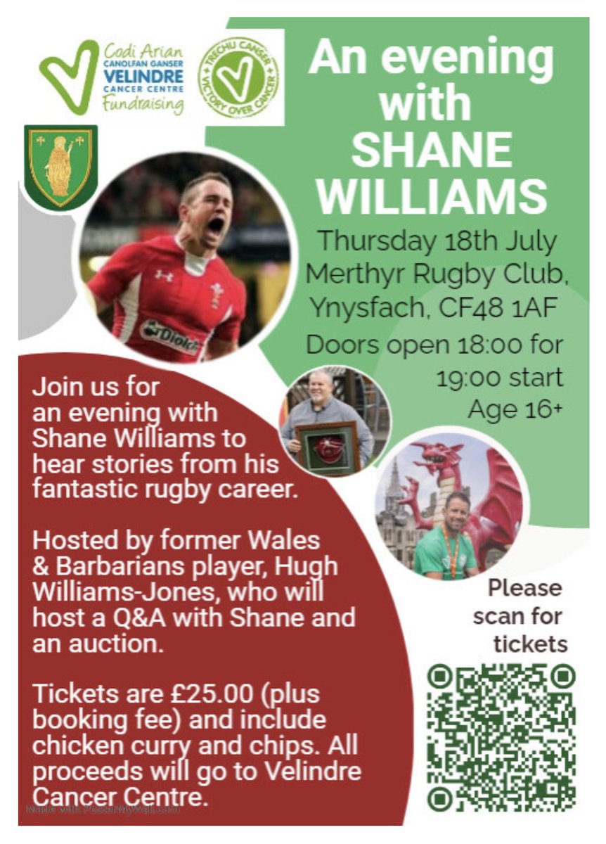 Please share this event supported by @RFCMerthyr raising funds for @Velindre @VelindreCC it’ll be a fabulous evening! Massive thanks to @ShaneWilliams11 and @VOC2016 for this 💚 booking link in the comments. Thanks all 😊