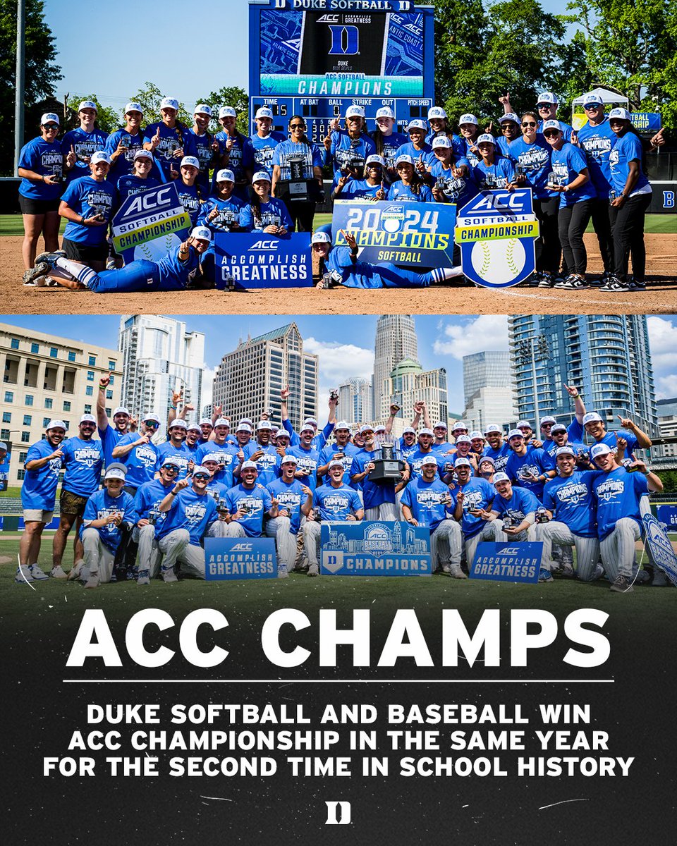 Duke Athletics (@dukeathletics) on Twitter photo History Repeats Itself 🏆
<a href="/DukeBASE/">Duke Baseball</a> & <a href="/DukeSOFTBALL/">Duke Softball</a> are kings and queens of the ACC once again! History Repeats Itself 🏆
<a href="/DukeBASE/">Duke Baseball</a> & <a href="/DukeSOFTBALL/">Duke Softball</a> are kings and queens of the ACC once again!