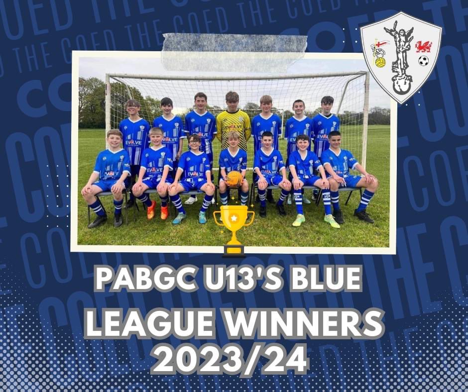 Pencoed Athletic Boys & Girls Club u13's Blue 
League Champions 2023/24 Season.

20 Games Unbeaten
14 Goals Conceded
92 Goals Scored
10 Clean Sheets 

#CmontheCOED #futureisbright

Shirt Sponsor :- Evolve HES