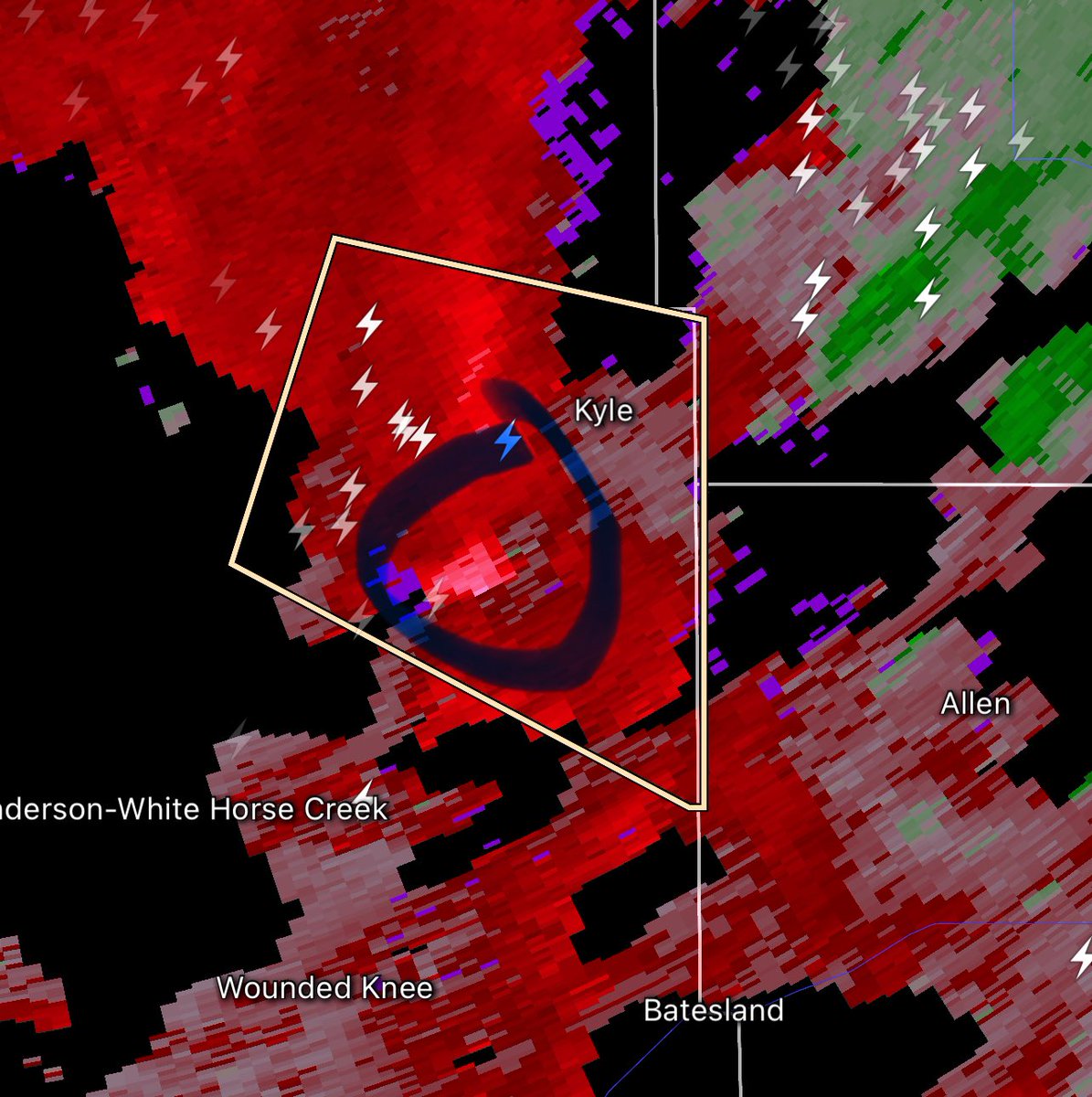 SUN-2:54 PM: Oglala Sioux Tribe Emergency Management posted this photo around 2:30 PM MDT of potential tornado  near Kyle, SD. Velocity supports rotation during this time period - the rotation has since dissipated. Jackson County, SD should watch this storm carefully #sdwx