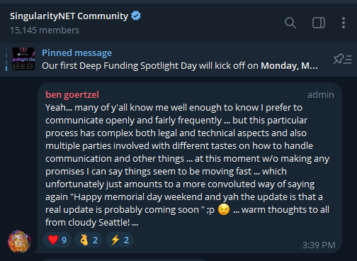 We've got an $ASI update! 🌋👀

The $AGIX CEO <a href="/bengoertzel/">Ben Goertzel</a> has posted into the official <a href="/SingularityNET/">SingularityNET</a> Telegram channel providing a bit more insight into the current details of the Artificial Superintelligence Alliance #ASI.

Ben says "things are moving fast" and news of a true
