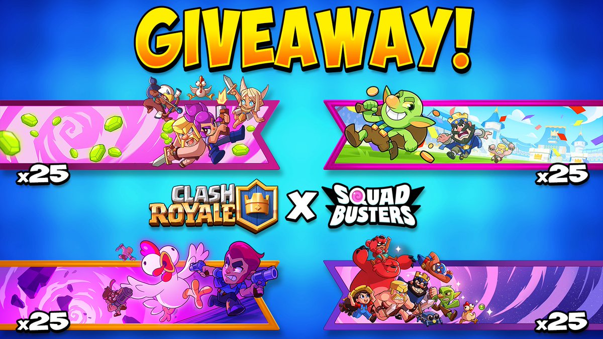 🔥NEW GIVEAWAY!!🔥

I have 100 Exclusive Clash Royale banners to giveaway (25 of each)! 

Here's how to participate: 

✅ Follow me 
🔄 Like and RT
🗨️ Comment
_________________

🔷Pre-register for Squad Busters if you haven't already!

 I'll DM winners May 31! 
#ExclusiveBanners