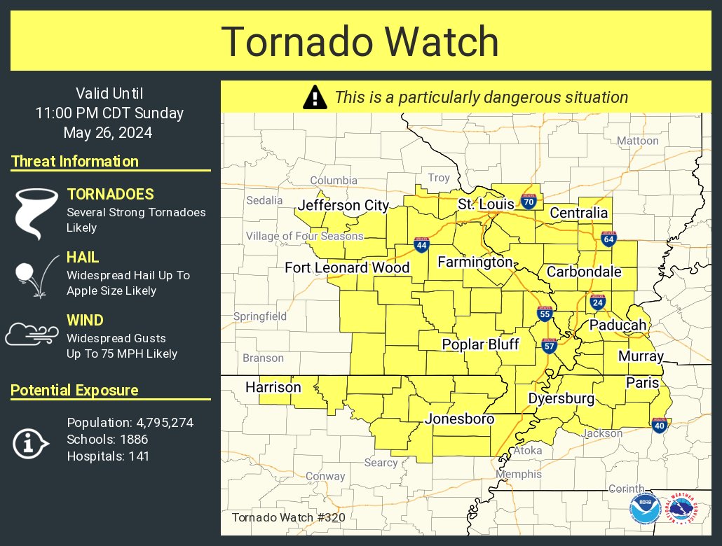 A tornado watch has been issued for parts of Arkansas, Illinois, Kentucky, Missouri and Tennessee until 11 PM CDT