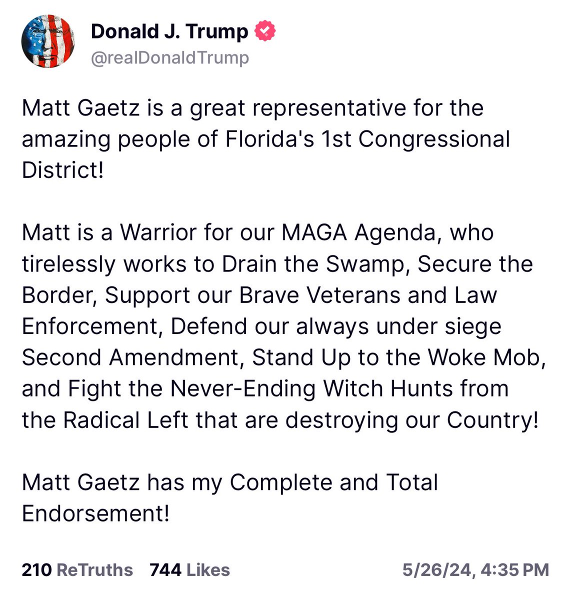 BREAKING: President Donald Trump ENDORSES @MattGaetz for re-election in FL-01 🇺🇸 Thank you, Mr. President! MattGaetz.com
