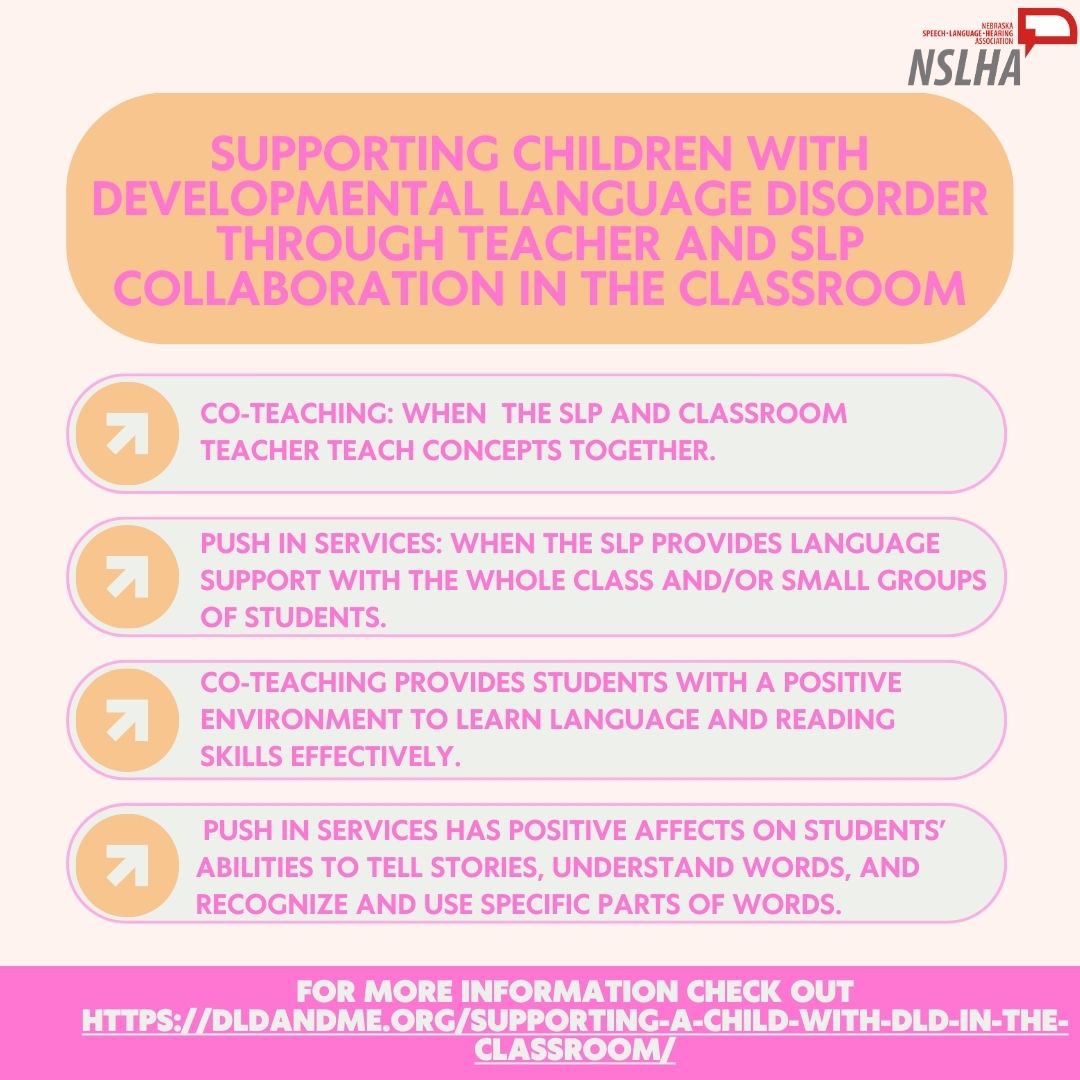 Children with DLD require support in all settings to maximize their language learning. In the classroom, co-teaching and push in services provide great support for students with DLD. #dldawareness #NSLHM @DLDandMe @UNO_SLA dldandme.org/supporting-a-c…