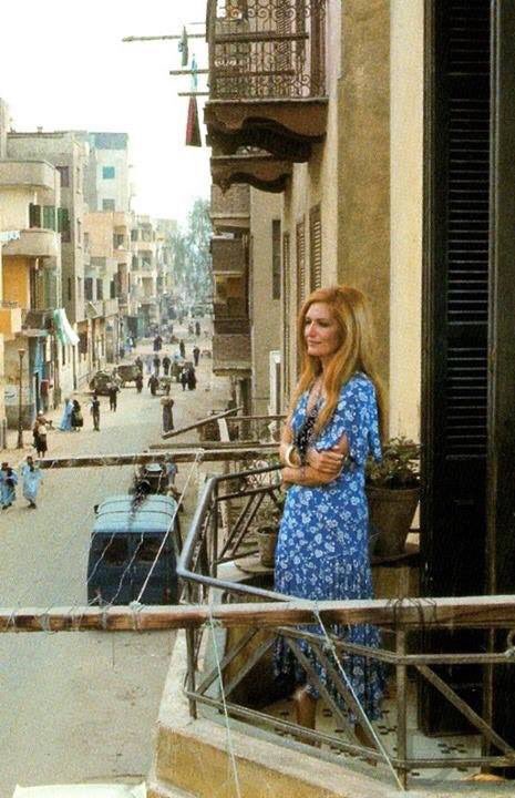 Dalida visiting the house where she was born in Cairo, Egypt, 1976.