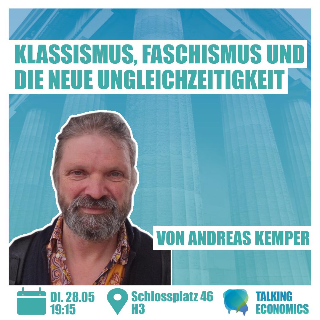 "Wer aber vom Kapitalismus nicht reden will, sollte auch vom Faschismus schweigen" - Horkheimer.
Talking Economics lädt alle am Dienstag um 19:15 Uhr im H3 zu einem Vortrag mit <a href="/AndreasKemper/">Andreas Kemper</a> über Klassismus, Faschismus und die neue Ungleichzeitigkeit ein.