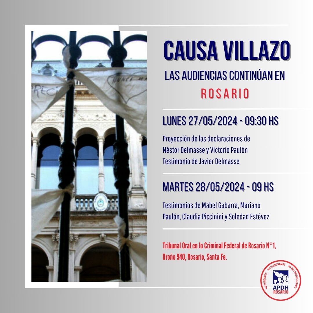 ApdhRosario's tweet photo. #CAUSAVILLAZO Audiencias testimoniales en tribunales federales de Rosario. 27/5 Videos de Néstor "pata" Delmasse y Victorio Paulón, Declara Javier Delmasse. 28/7 Testimonios de Mabel Gabarra, Mariano Paulón, Claudia Piccinini y Soledad Estévez
#LesaHumanidad #CausaVillazo #DDHH https://t.co/3zJO4GGXYD