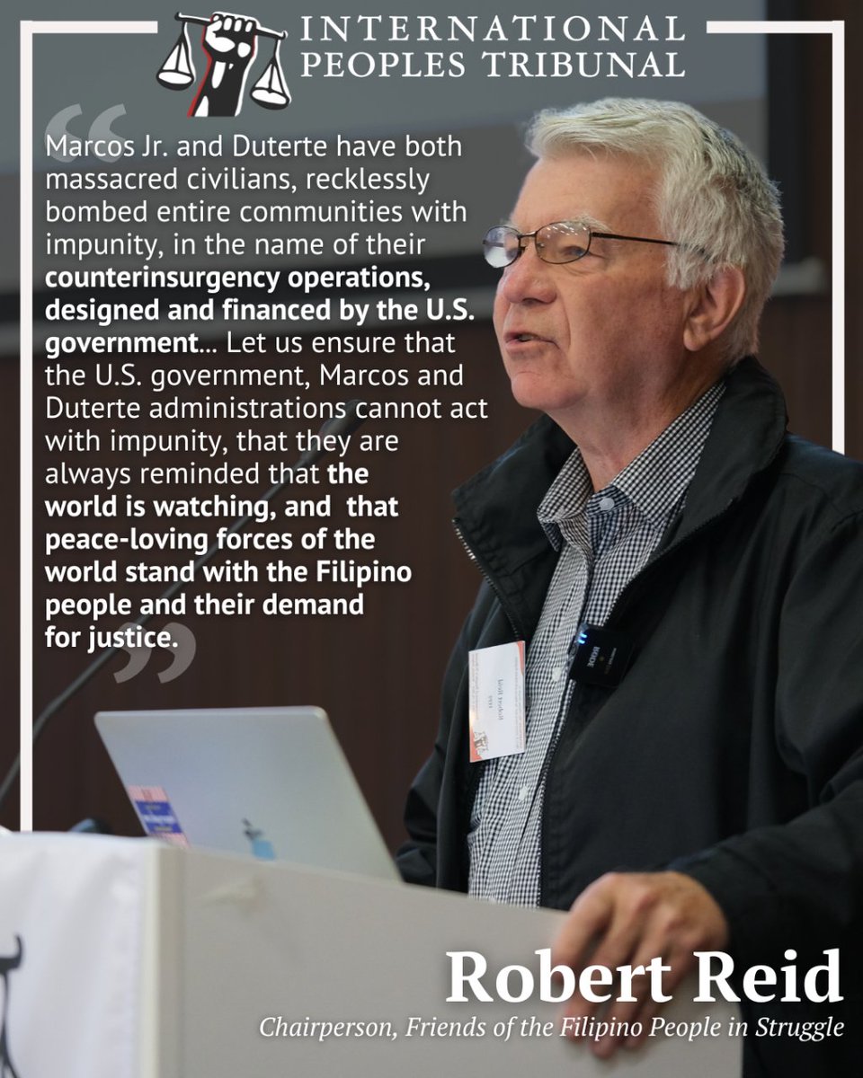 tribunalph2024's tweet photo. READ: Quote from Robert Reid's opening remarks to the International People's Tribunal (IPT) on May 17, 2024. He is the Chairperson of Friends of the Filipino People in Struggle (FFPS), one of the co-conveners of the IPT.
#KatarunganIPT2024 #USGuilty #MarcosGuilty #DuterteGuilty https://t.co/V1N1BOFZ2Z