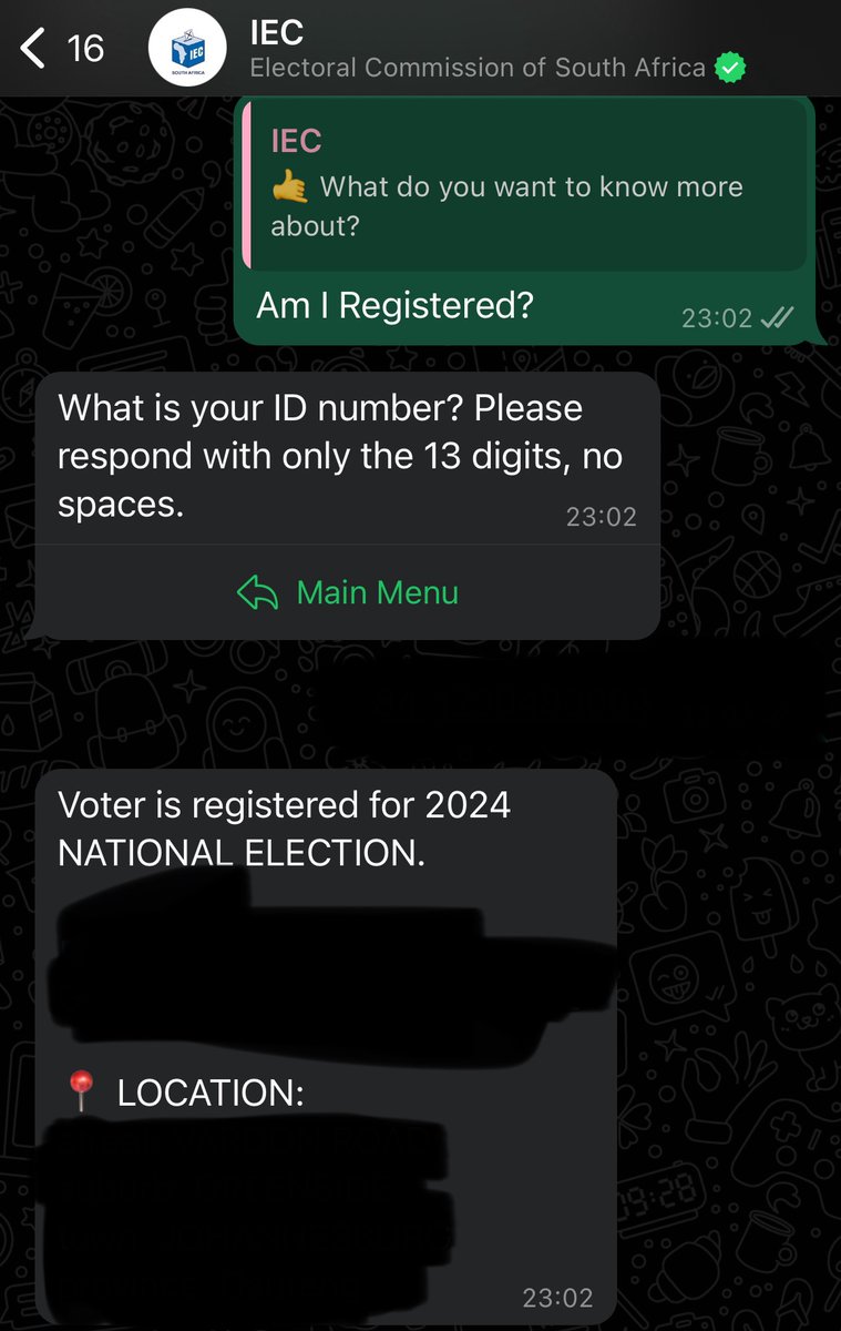 You can also chat to the @IECSouthAfrica on WhatsApp. Text “Hi” to 060 088 0000. You can check your registration, get info about the 3 ballots and lots more.