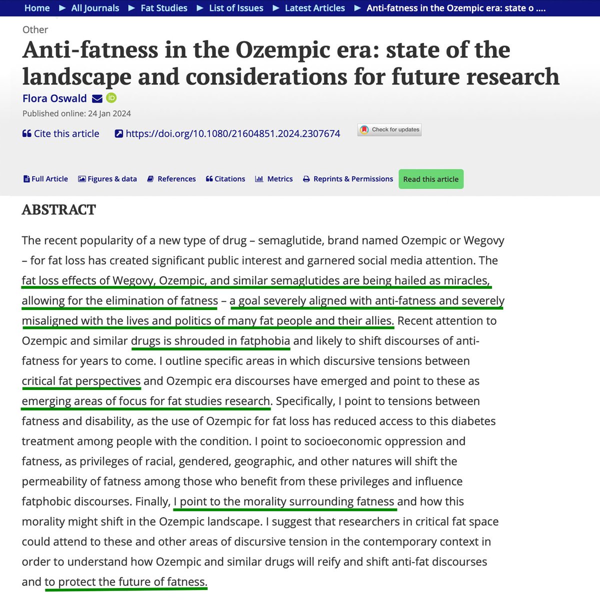 Thought I would check in with the 'fat scholars' on how they were handling all the buzz around Ozempic. Nevermind the health benefits of losing weight; Ozempic is fatphobic. More 'critical fat perspectives' are needed to 'protect the future of fatness.'