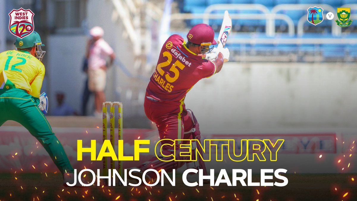 Absolutely savage!🔥 Johnson Charles brings up a 2️⃣0️⃣ ball half century at the top! #WIREADY #WIvSA