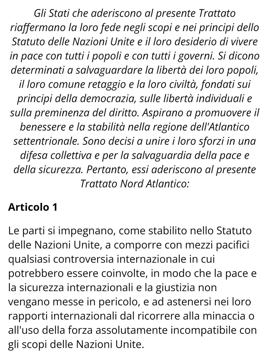 Articolo 1 del trattato istitutivo della NATO. Basta leggere questo per capire che il signor Stoltemberg è totalmente fuori dai parametri di legalità.