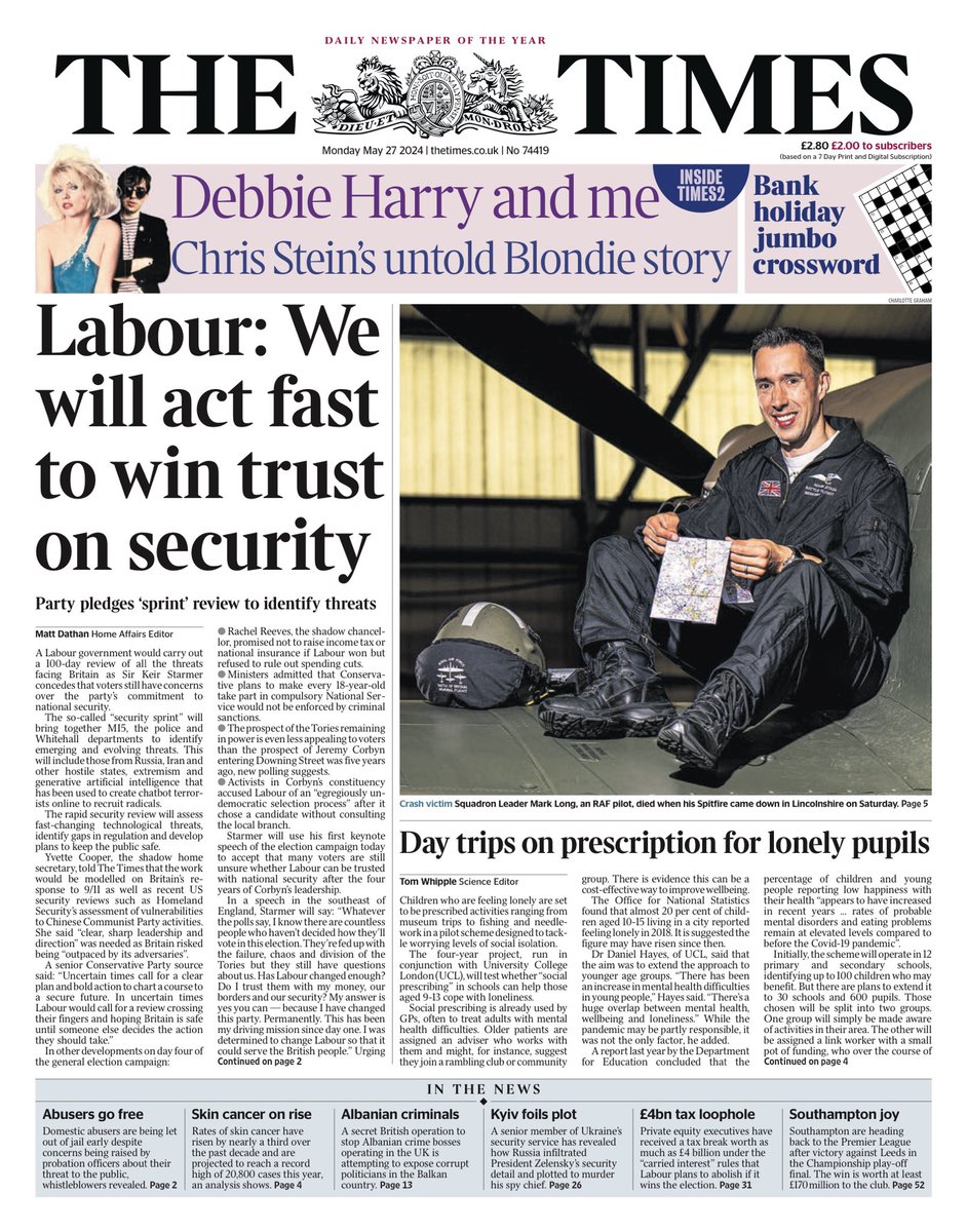 Monday’s TIMES: “Labour: We will act fast to win trust on security” #TomorrowsPapersToday