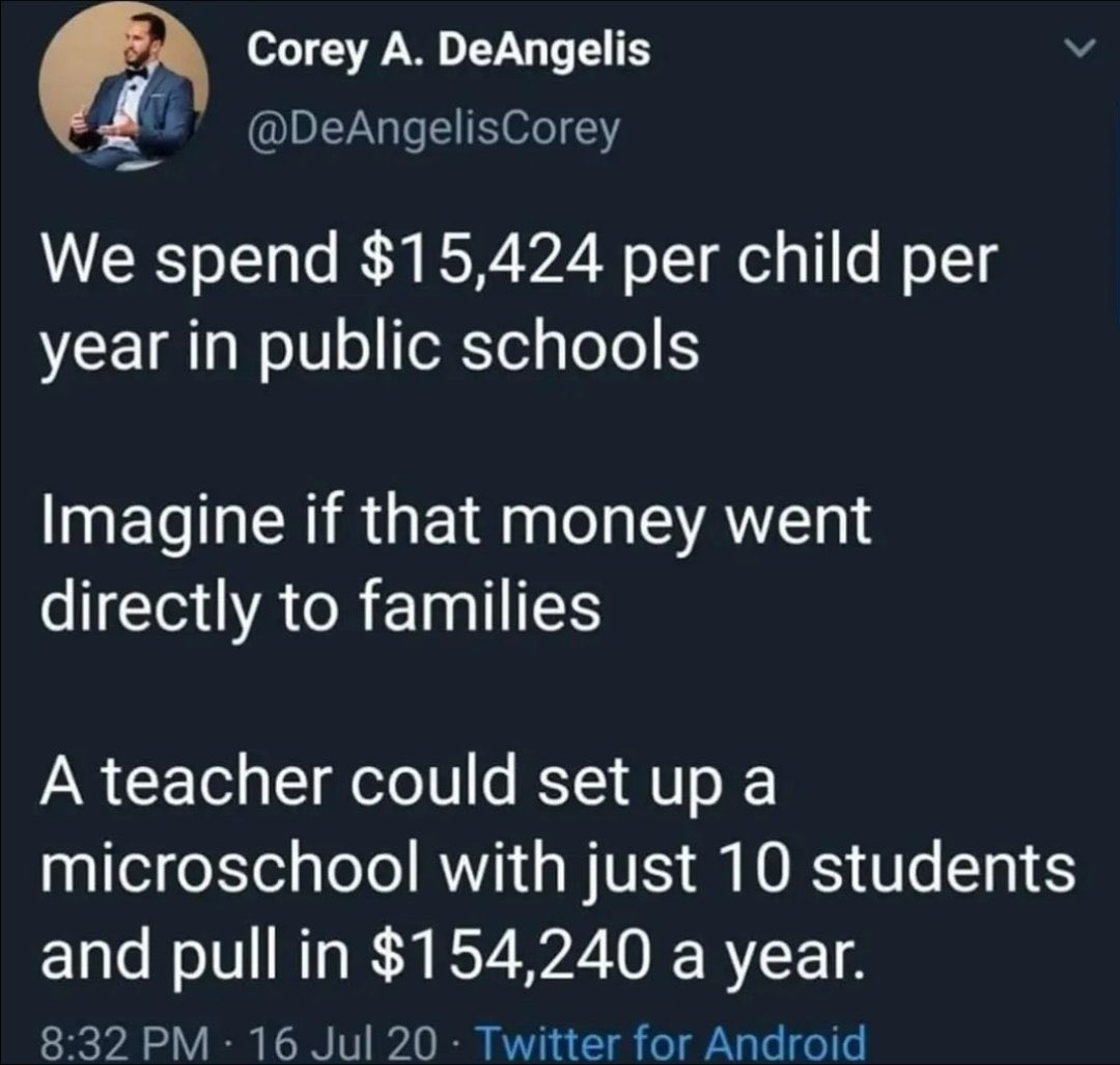 Just imagine it. You and 9 other families can pay that one weird guy down the street $150k a year so that your children can spend 7 hours alone everyday in his house with no other adult supervision. What could possibly go wrong?