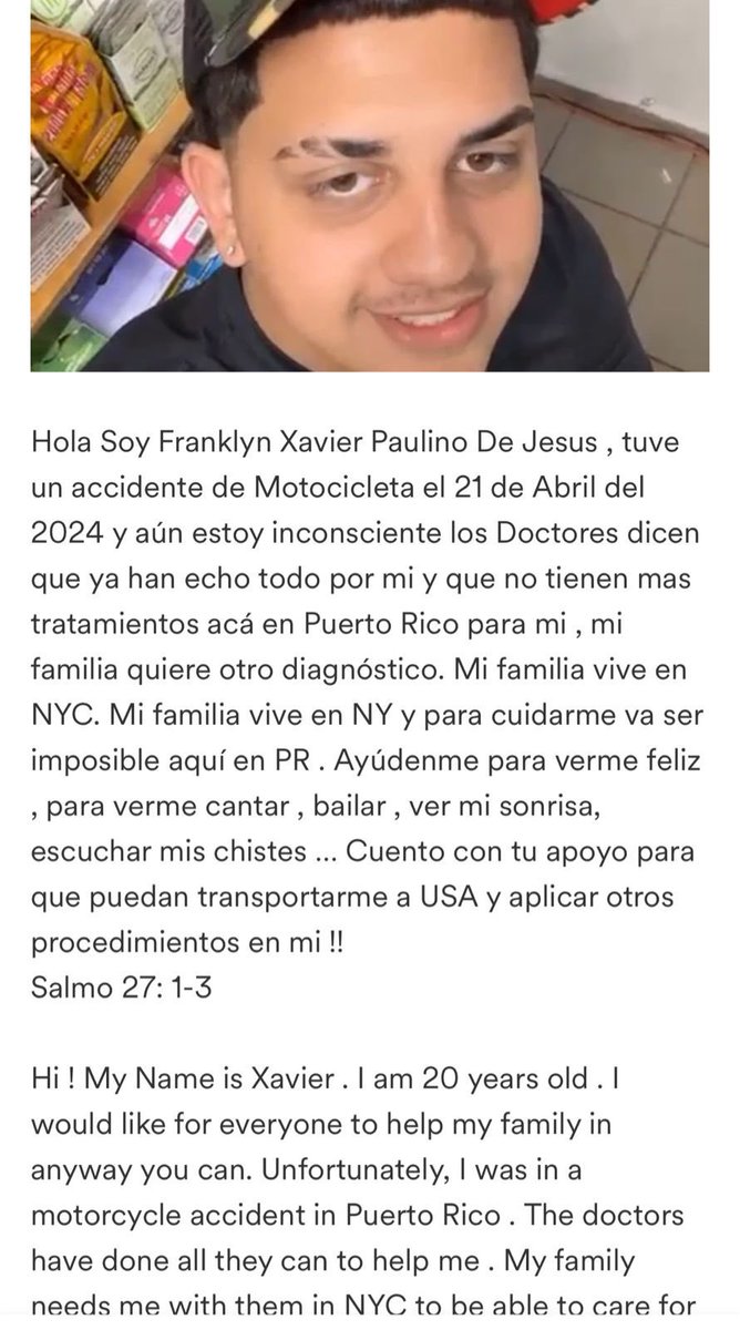 Este joven de PR necesita de nuestra ayuda acá le dejo el link

🔗: gofund.me/f0ea284a