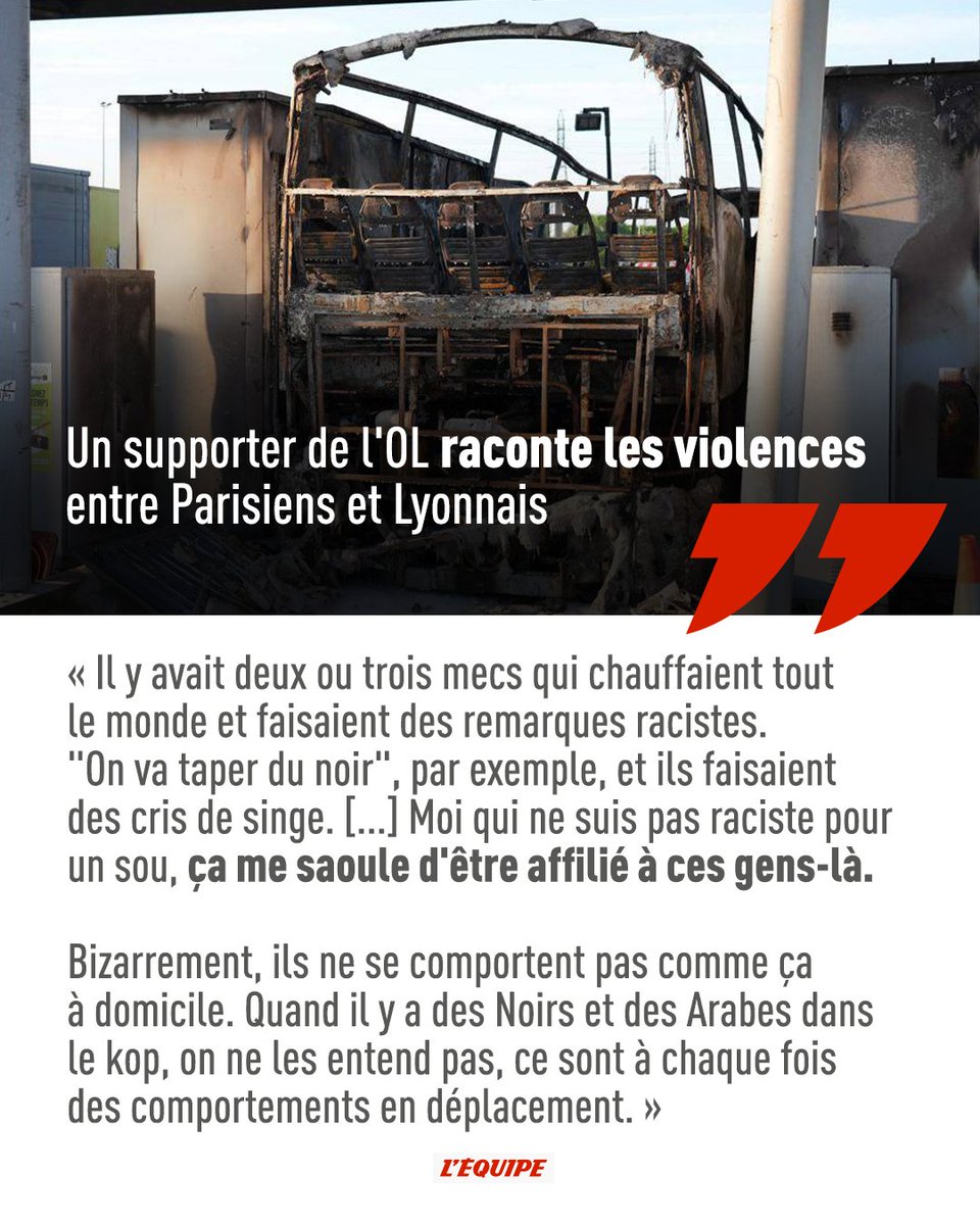 « Des scènes choquantes » Abonné du Kop Virage Nord, il a fait le déplacement depuis Lyon, dénonce des propos racistes dans son car et raconte les violences du péage et son dégoût face au comportement des hooligans ow.ly/lkvs50RW5qy