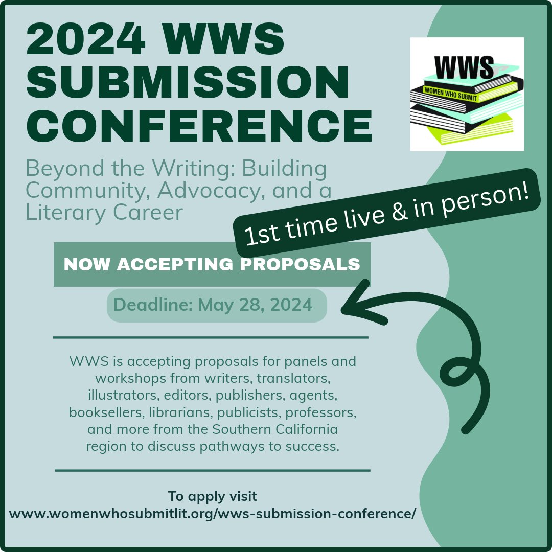 WomenWhoSubmit's tweet image. #SUBMISSIONSOPEN until May 28th! The WWS #Submission Conference seeks #writers, #translators, #editors, #publishers, #booksellers, #librarians, #professors, &amp;amp; more from So Cal to discuss pathways to #publishing success! Thanks to @LatinoCommFdn
Go to: womenwhosubmitlit.org/2024summerwrit…