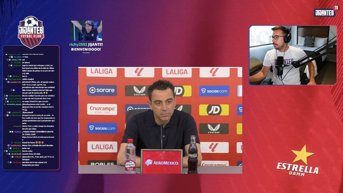 📺 DIRECTO @JijantesFC 🎤 Empieza la rueda de prensa de Xavi Hernandez posterior a la victoria del Barça frente el Sevilla⚽️ ‼️ 'Estoy contento por una parte, creo que estábamos haciendo un buen trabajo.' De la mano de @EstrellaDammEs 🍻 🔗 twitch.tv/gerardromero