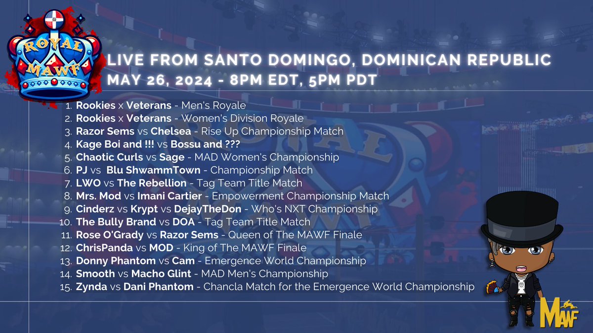Ay #MAWF fam! It's finally here - the Royal MAWF PLE is TONIGHT, and we are live from Santo Domingo🔥 Your match card is below. 

I better see you there - the event starts at 8PM Eastern. Cya soon! #RoyalMAWFPLE #WWE2K24
