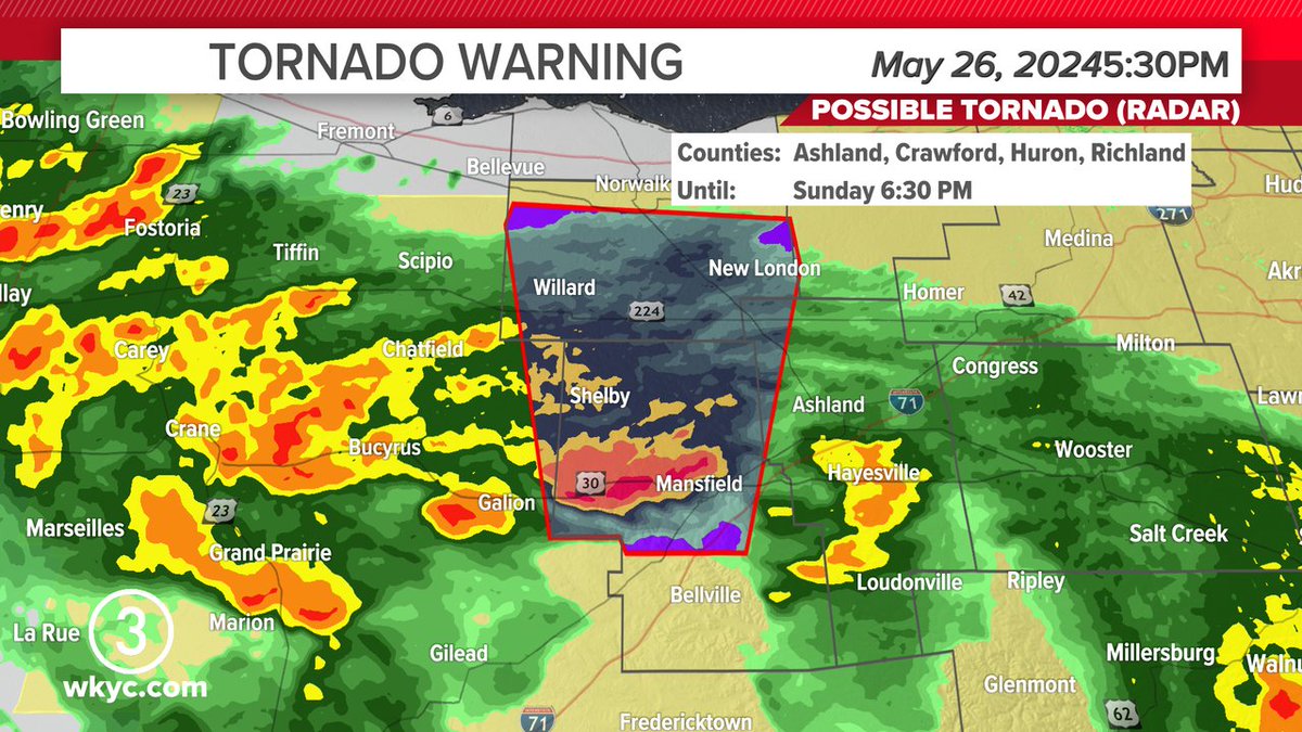Tornado WarningRichland, Huron, Crawford, Ashland until May 26, 2024 6:30PM Take shelter immediately if in the warning. #3weather