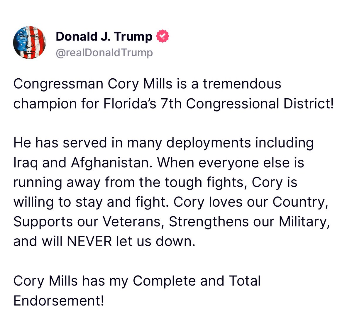 Thank you @realDonaldTrump for your unwavering support. I’m honored to receive your endorsement as I continue my service to our great nation. I look forward to fighting alongside you to secure our borders, build our economy, strengthen our armed forces, and Make America Great