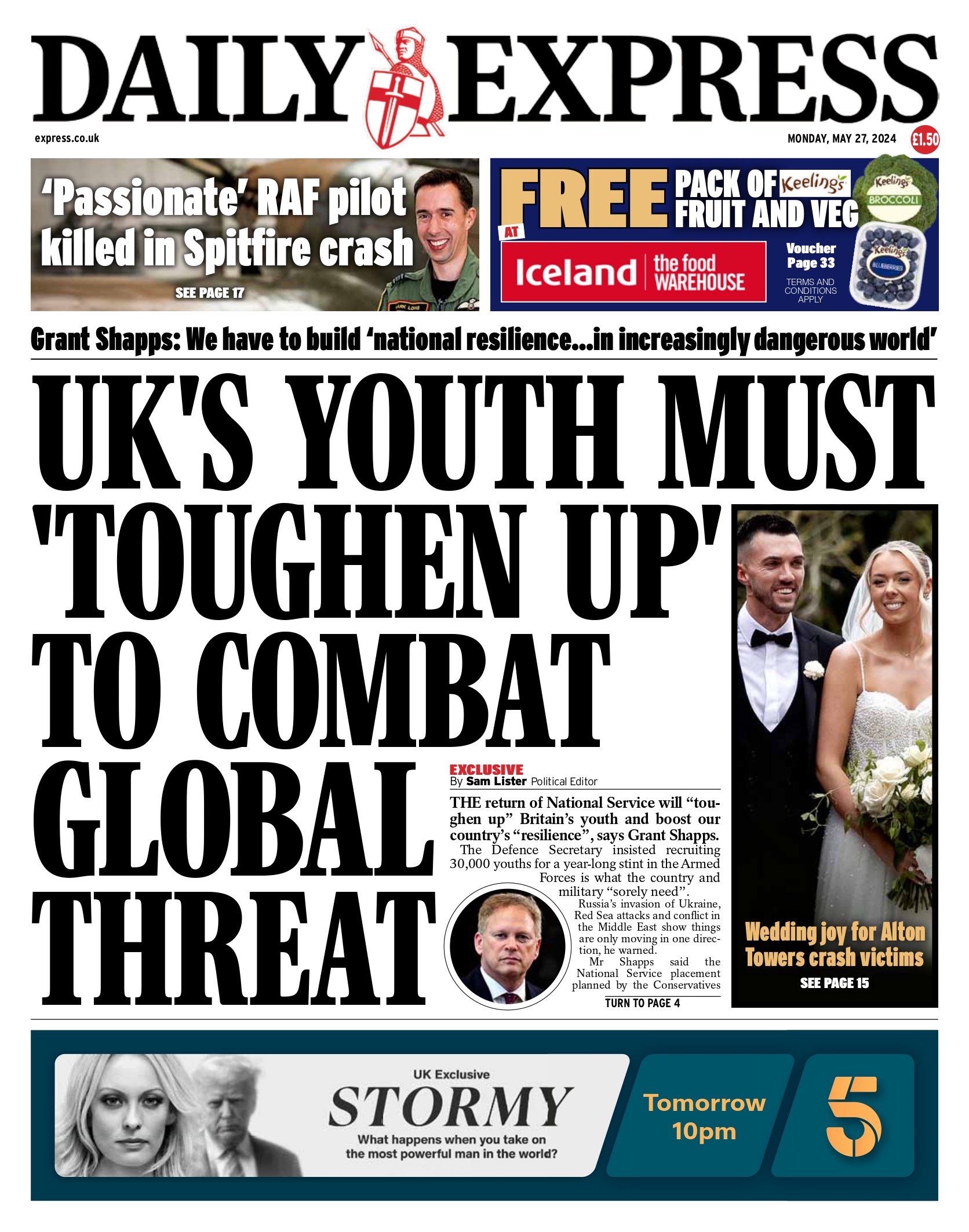 Monday's front page: UK's youth must 'toughen up' to combat global threat https://www.express.co.uk/news/politics/1903830/grant-shapps-national-service
#TomorrowsPapersToday